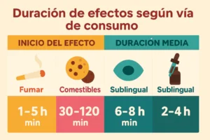Duración de efectos de la marihuana según vía de consumo.